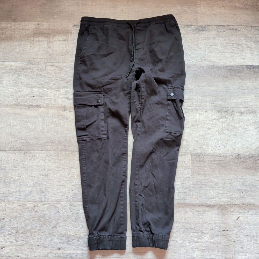 WESC Mens Black Cargo Jogger Pants L Drawstring 98% Cotton Snap Pockets